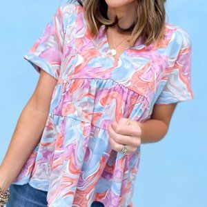 Pink Blue Wave Print V Neck Tiered Top